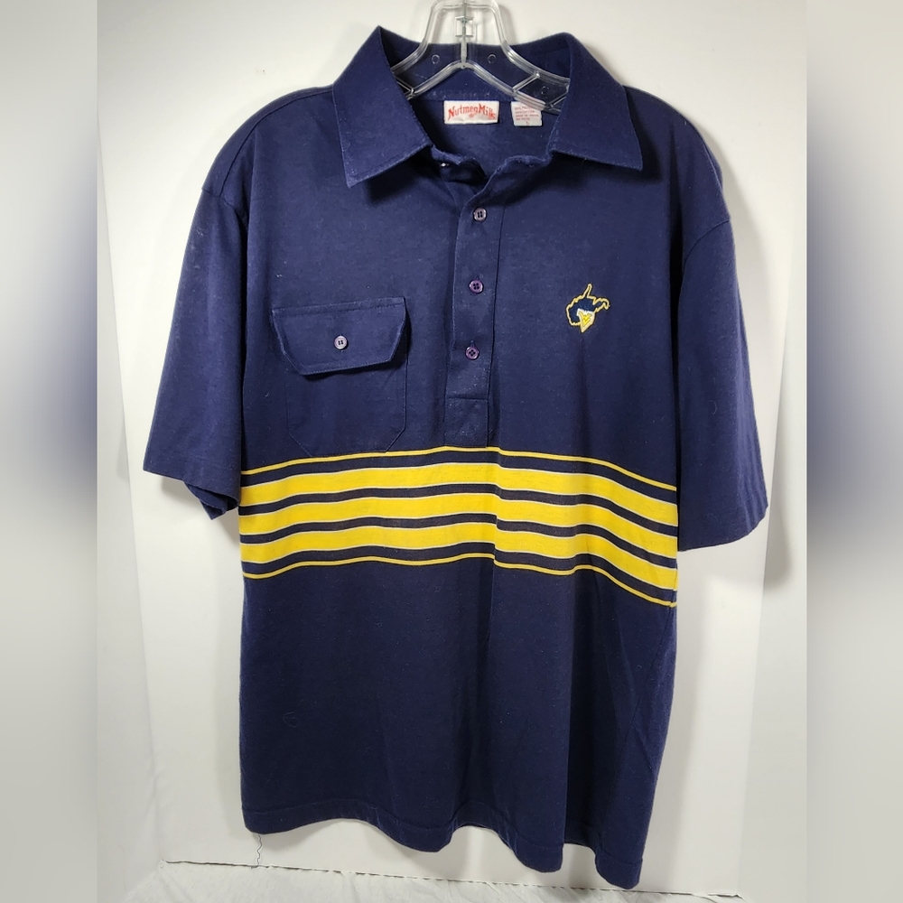 NUTMEG MILLS WEST VIRGINIA UNIVERSITY MEN'S POLO, SIZE LARGE, BLUE VTG Ca. 197Os